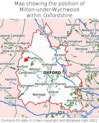 Map showing location of Milton-under-Wychwood within Oxfordshire