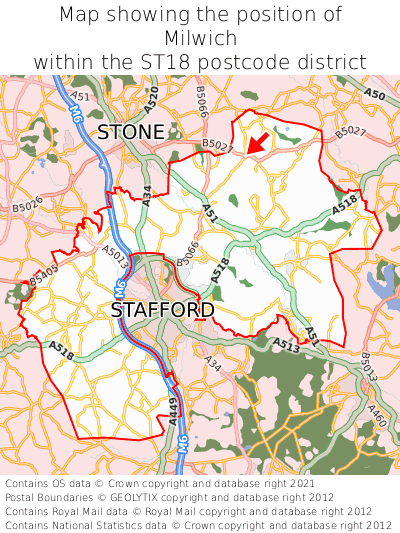 Map showing location of Milwich within ST18