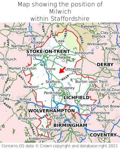 Map showing location of Milwich within Staffordshire