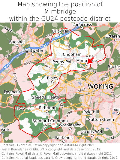 Map showing location of Mimbridge within GU24