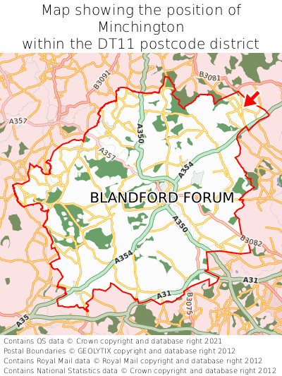 Map showing location of Minchington within DT11