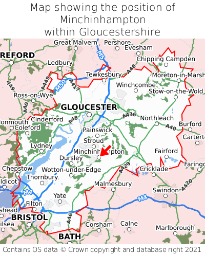 Map showing location of Minchinhampton within Gloucestershire