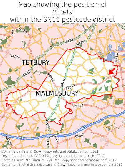 Map showing location of Minety within SN16