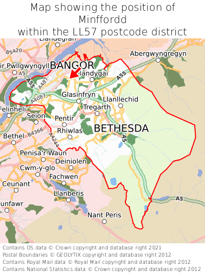 Map showing location of Minffordd within LL57