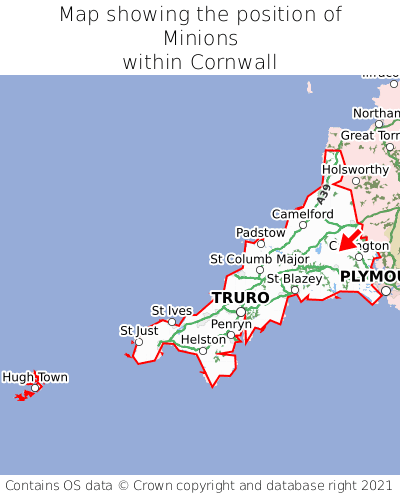 Map showing location of Minions within Cornwall