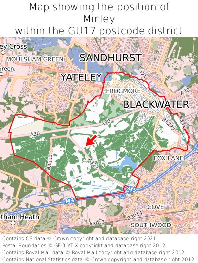 Map showing location of Minley within GU17