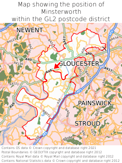 Map showing location of Minsterworth within GL2
