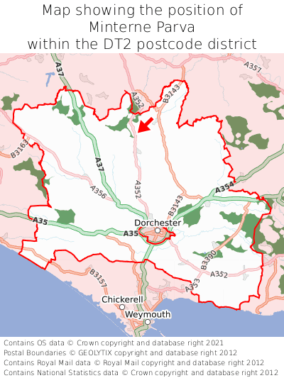 Map showing location of Minterne Parva within DT2