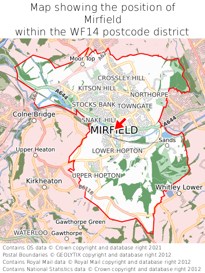 Map showing location of Mirfield within WF14