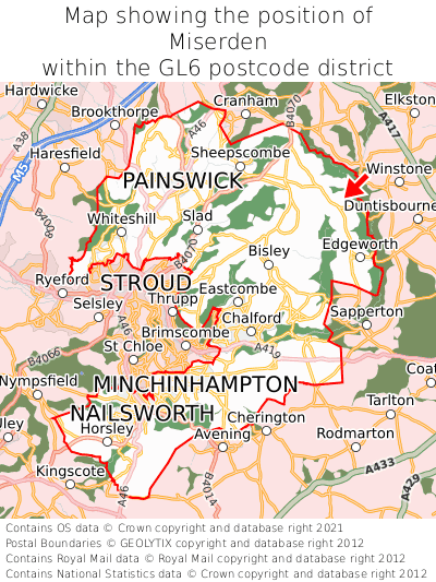 Map showing location of Miserden within GL6