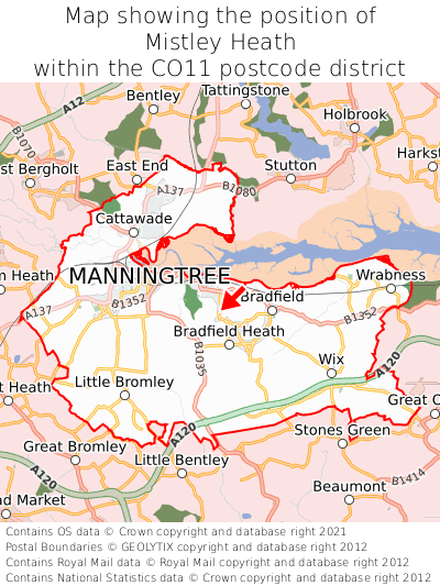 Map showing location of Mistley Heath within CO11