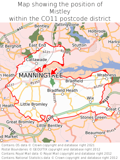 Map showing location of Mistley within CO11