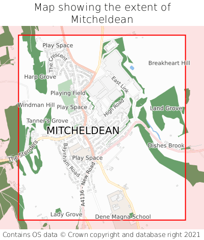 Map showing extent of Mitcheldean as bounding box