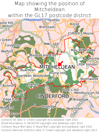 Map showing location of Mitcheldean within GL17
