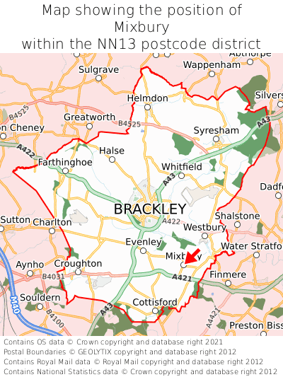 Map showing location of Mixbury within NN13