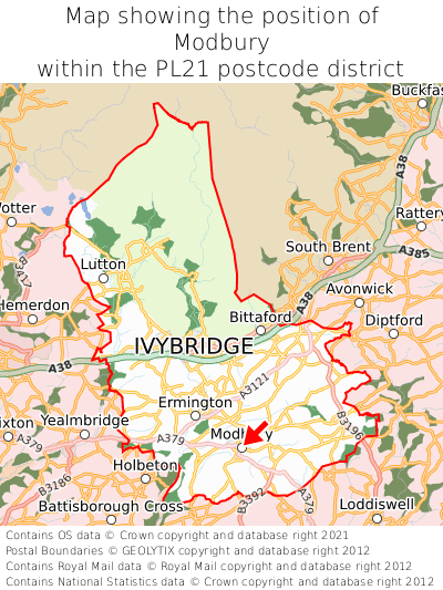 Map showing location of Modbury within PL21
