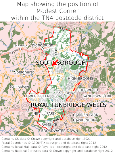 Map showing location of Modest Corner within TN4