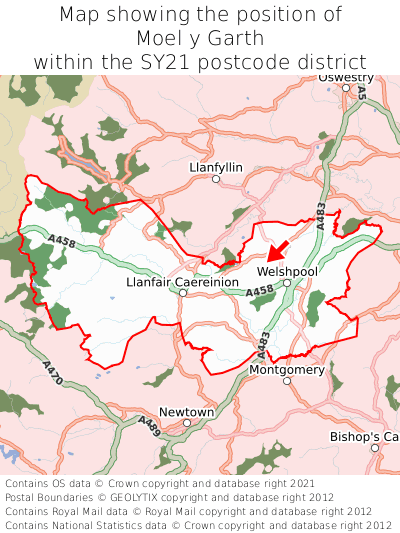 Map showing location of Moel y Garth within SY21