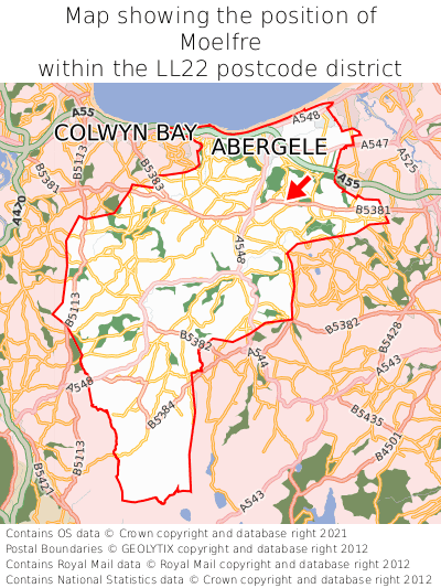 Map showing location of Moelfre within LL22