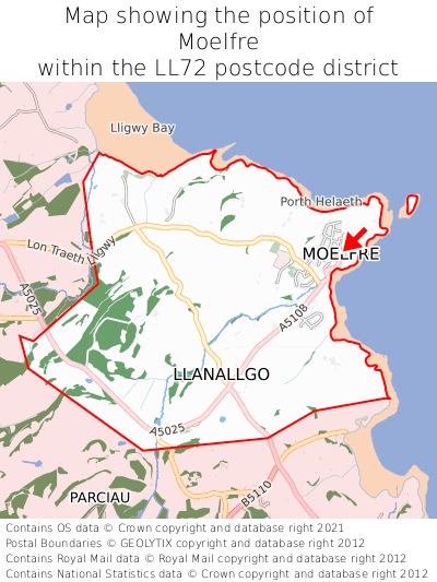 Map showing location of Moelfre within LL72