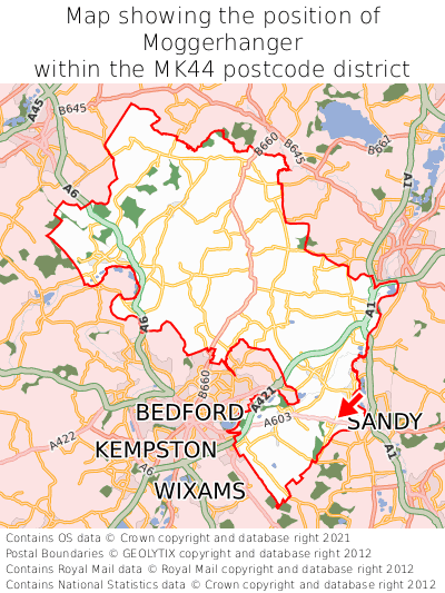 Map showing location of Moggerhanger within MK44
