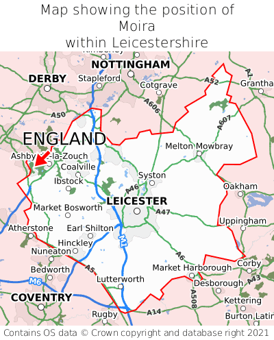 Map showing location of Moira within Leicestershire