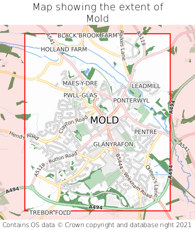 Map showing extent of Mold as bounding box