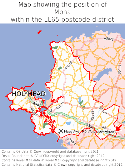 Map showing location of Mona within LL65