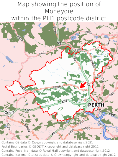 Map showing location of Moneydie within PH1