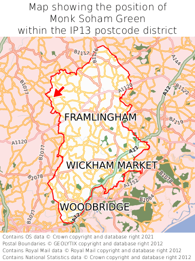 Map showing location of Monk Soham Green within IP13