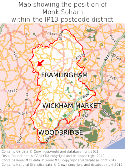 Map showing location of Monk Soham within IP13