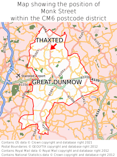 Map showing location of Monk Street within CM6