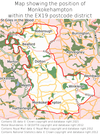 Map showing location of Monkokehampton within EX19