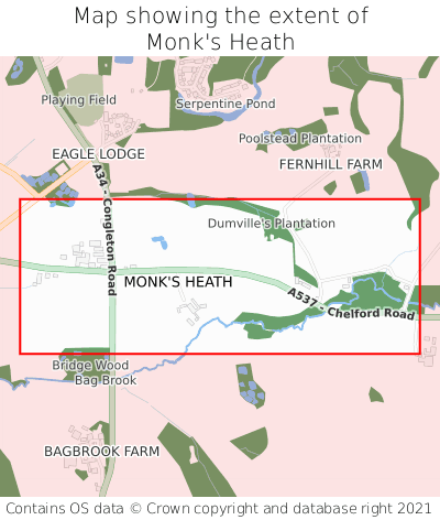 Map showing extent of Monk's Heath as bounding box