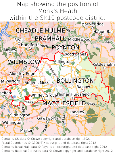 Map showing location of Monk's Heath within SK10