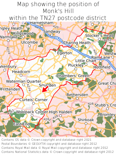 Map showing location of Monk's Hill within TN27