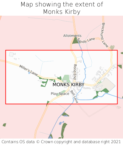 Map showing extent of Monks Kirby as bounding box