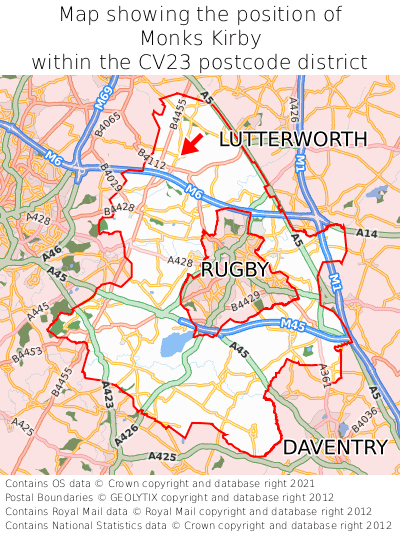 Map showing location of Monks Kirby within CV23