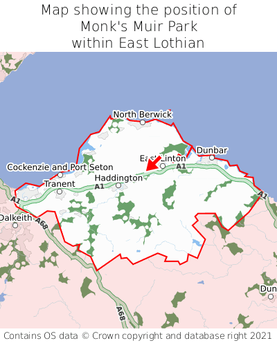 Map showing location of Monk's Muir Park within East Lothian