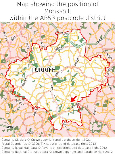 Map showing location of Monkshill within AB53