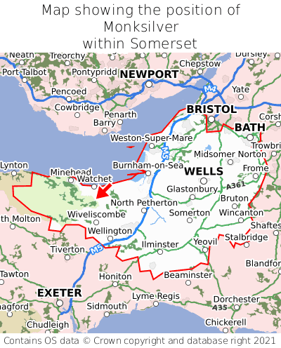 Map showing location of Monksilver within Somerset