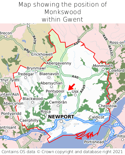 Map showing location of Monkswood within Gwent