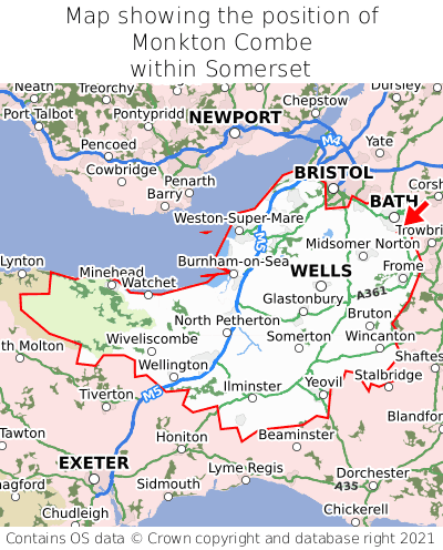 Map showing location of Monkton Combe within Somerset