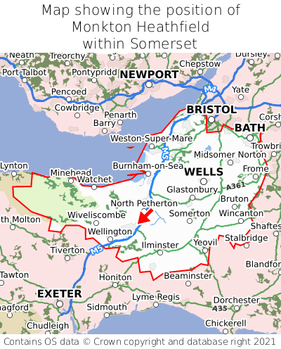 Map showing location of Monkton Heathfield within Somerset