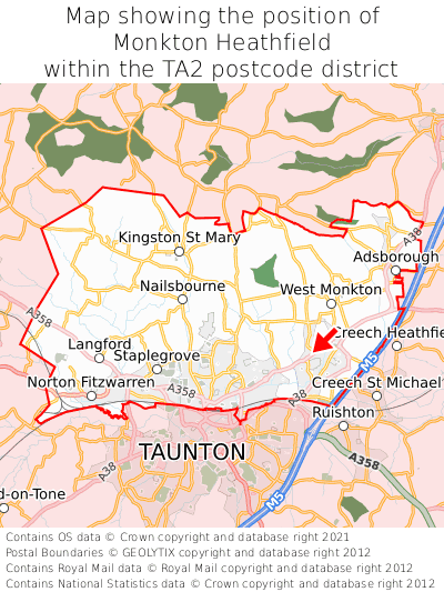 Map showing location of Monkton Heathfield within TA2