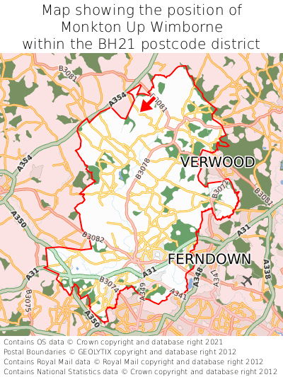Map showing location of Monkton Up Wimborne within BH21