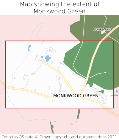 Map showing extent of Monkwood Green as bounding box