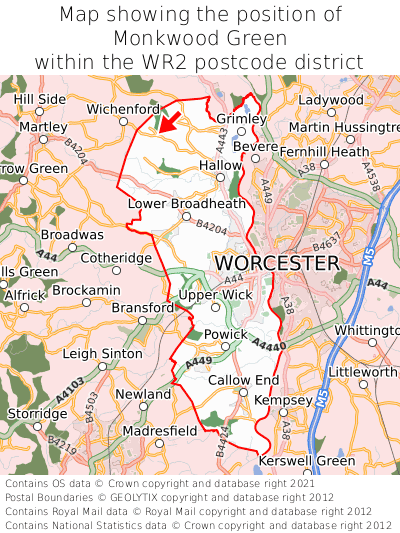 Map showing location of Monkwood Green within WR2