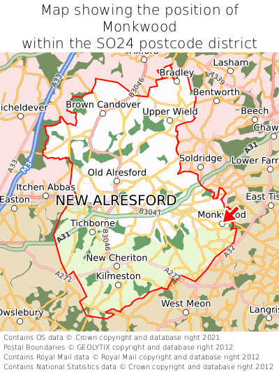 Map showing location of Monkwood within SO24