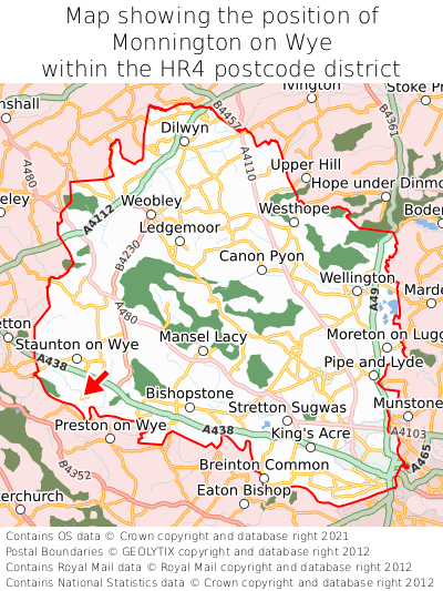 Map showing location of Monnington on Wye within HR4
